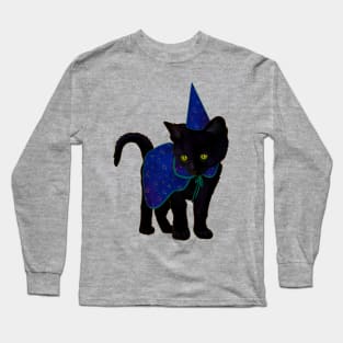 Halloween Black Kitten Dressed In Wizard Costume Long Sleeve T-Shirt